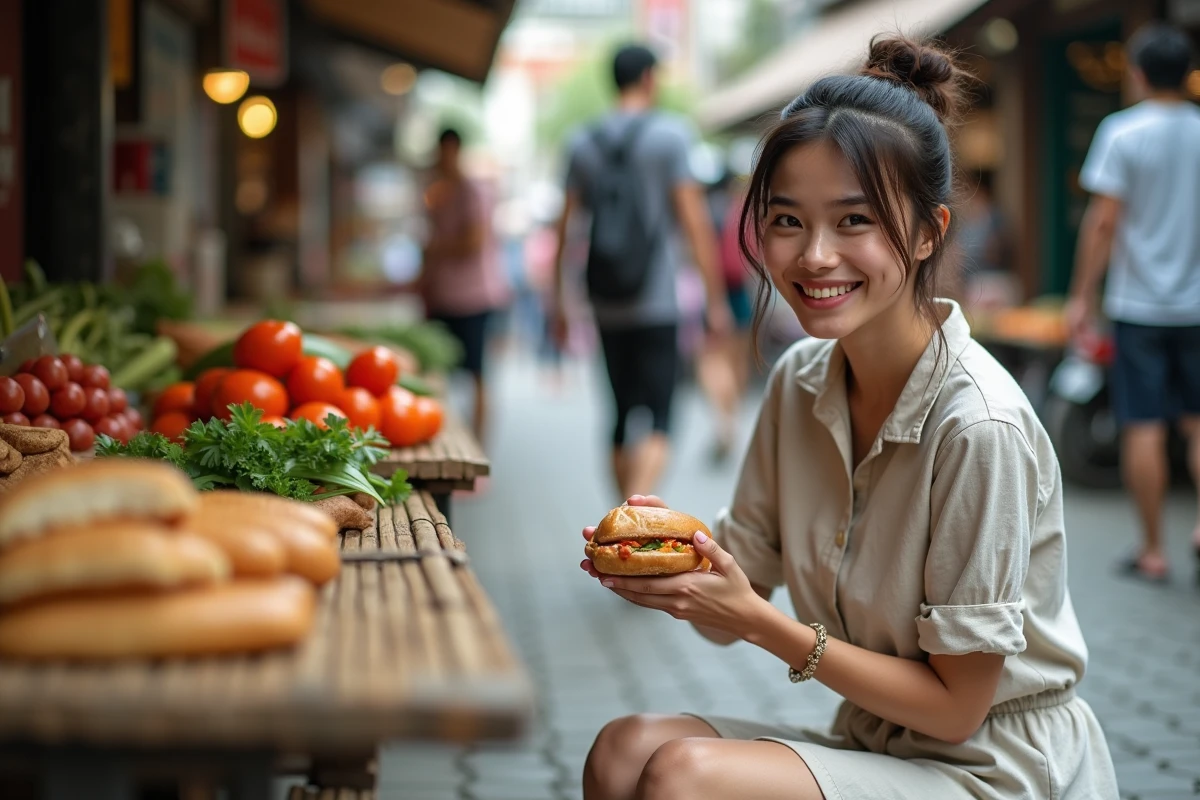 Femme souriante dégustant un bánh mì dans un marché vietnamien