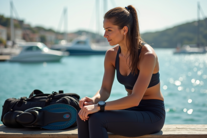 Femme sportive regardant sa montre près du port