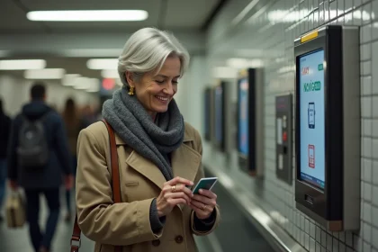 Femme souriante v&eacute;rifiant sa carte Navigo dans le m&eacute;tro parisien