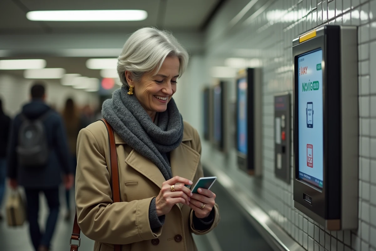 Femme souriante vérifiant sa carte Navigo dans le métro parisien
