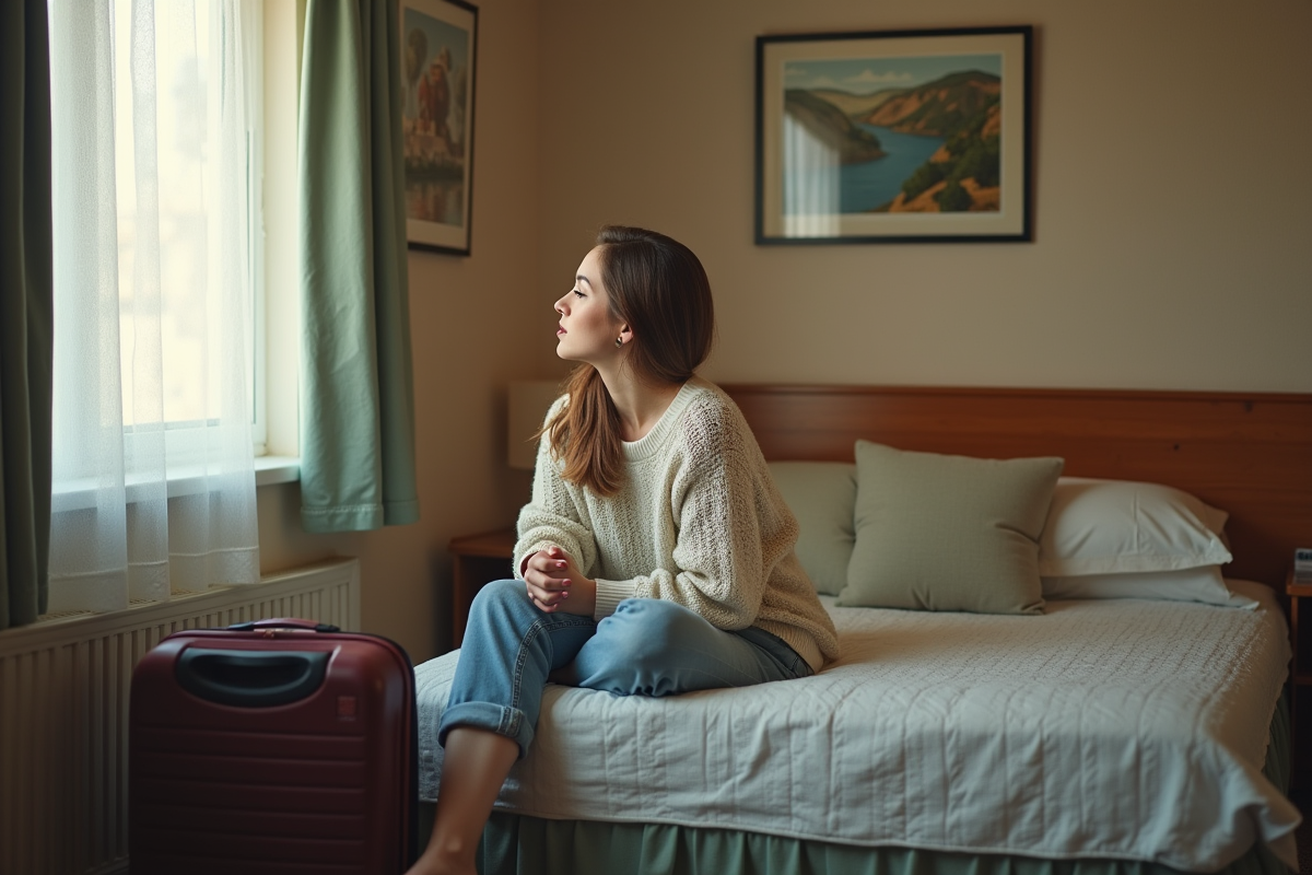 Jeune femme assise dans une chambre de motel cosy