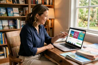 Femme consultant des offres de croisière en ligne pendant le Black Friday sur son ordinateur portable