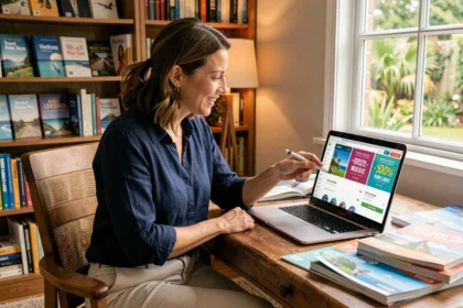 Femme consultant des offres de croisière en ligne pendant le Black Friday sur son ordinateur portable