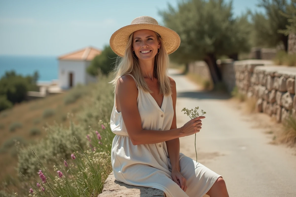 Femme dans un paysage rural de Karpathos avec fleurs et oliviers