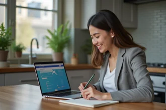 Jeune femme en blazer compare des vols en cuisine