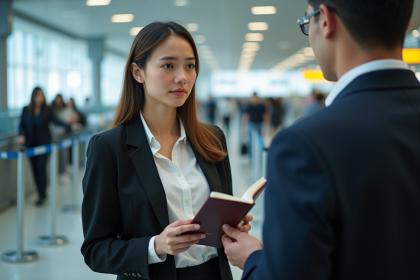 Jeune femme avec passeport à l'aéroport