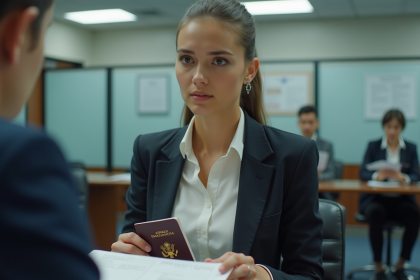 Jeune femme avec passeport dans un bureau administratif