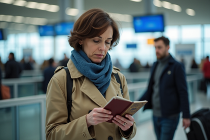 Femme examinant son passeport à l'aéroport