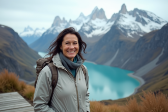 Femme souriante en randonnée dans la Patagonie avec paysage spectaculaire