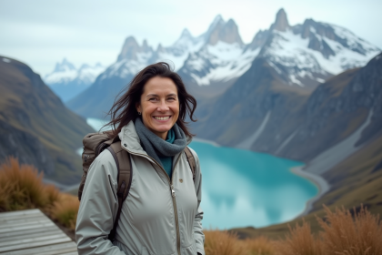 Femme souriante en randonnée dans la Patagonie avec paysage spectaculaire