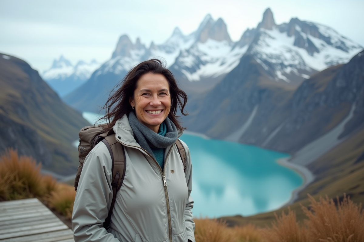 Femme souriante en randonnée dans la Patagonie avec paysage spectaculaire