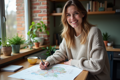 Femme souriante planifiant la Belgique avec une carte