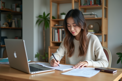 Jeune femme préparant un formulaire de voyage au Japon à la maison