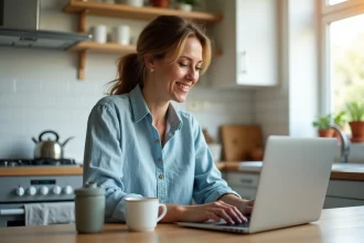 Femme consultant des promos de voyage de dernière minute sur un ordinateur portable dans une cuisine moderne