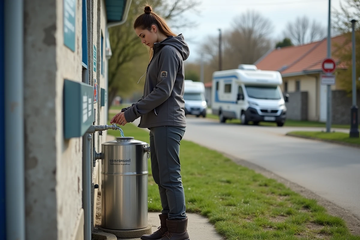Jeune femme remplissant sa gourde au station service
