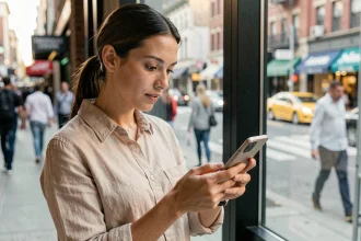Femme consultant son smartphone pour activer une eSIM Saily sans engagement dans un environnement urbain