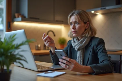 Femme assise &agrave; la cuisine avec smartphone et ordinateur