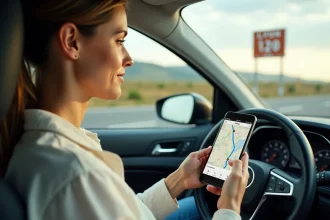 Femme consultant l'application Mappy sur smartphone pour planifier un itinéraire de vacances en France depuis une voiture