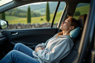 Jeune femme dormant dans une voiture en Italie