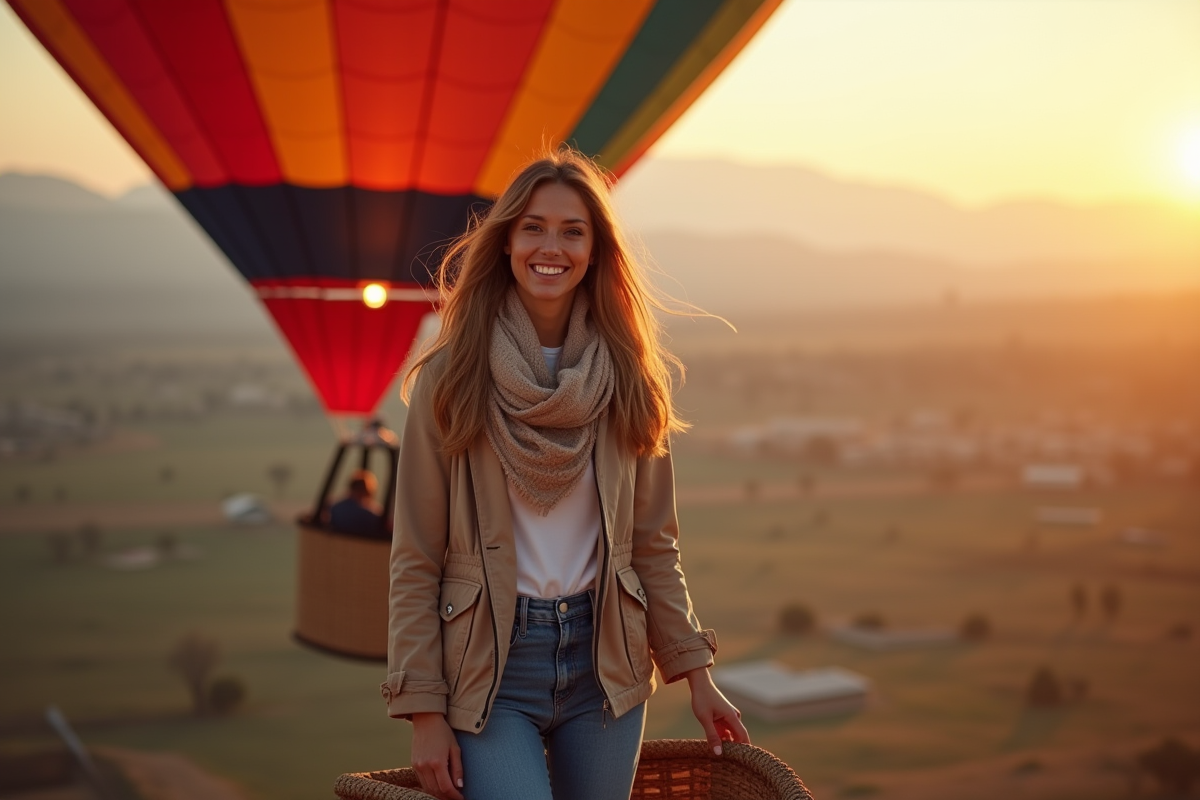 Femme souriante dans un ballon au lever du soleil