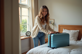 Femme souriante prépare sa valise dans une chambre Airbnb lumineuse