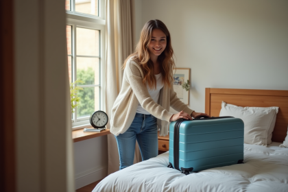 Femme souriante prépare sa valise dans une chambre Airbnb lumineuse