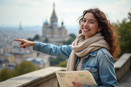 Jeune femme souriante devant Sacré Coeur à Paris