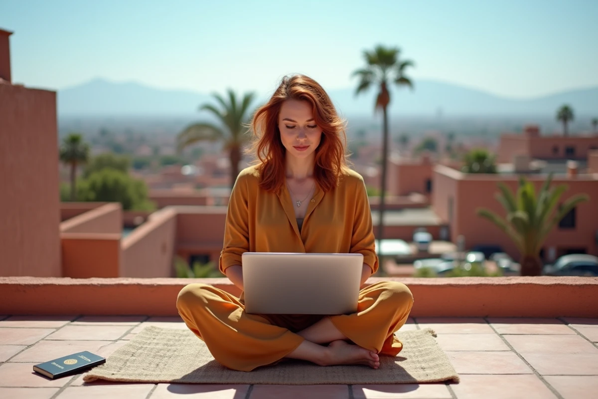 Femme travaillant sur son ordinateur portable en terrasse à Marrakech pour préparer son extension de séjour au Maroc