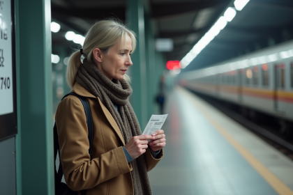 Femme dans une gare avec billet et panneau d'information
