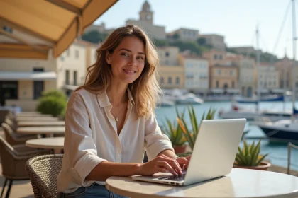 Jeune femme travaillant sur un laptop au caf&eacute; &agrave; St Julian&rsquo;s