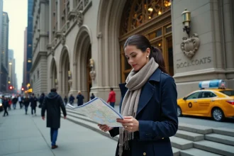 Femme en trench à Manhattan devant Woolworth Building
