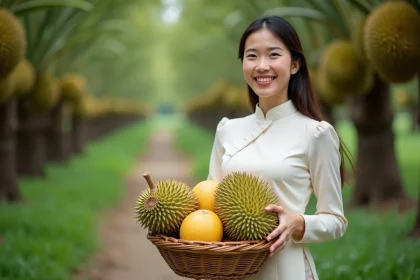 Femme vietnamienne souriante avec fruits dans un verger tropical