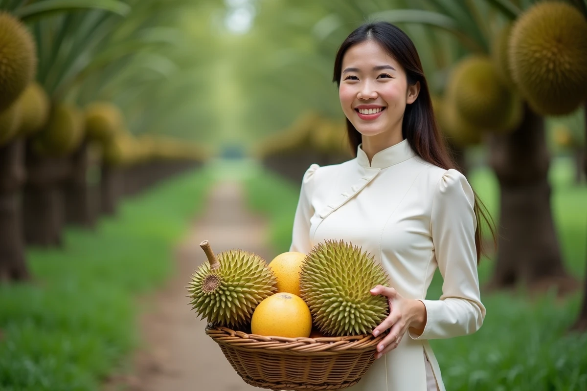 Femme vietnamienne souriante avec fruits dans un verger tropical
