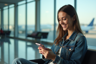 Jeune femme souriante à l'aéroport avec smartphone pour deals