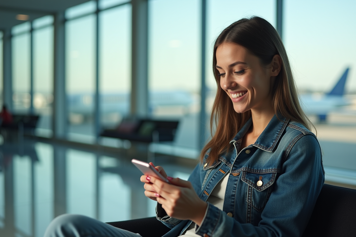 Jeune femme souriante à l'aéroport avec smartphone pour deals