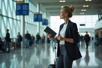 Femme d'âge moyen avec passeport dans un aéroport animé