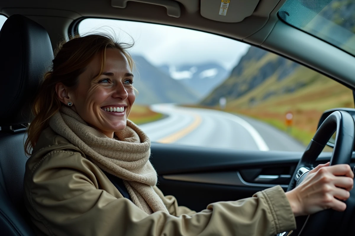 Femme voyageuse dans sa voiture regardant Trollstigen
