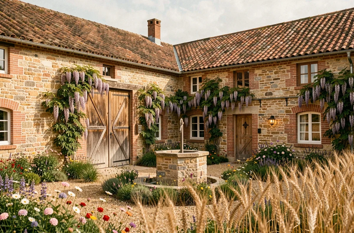 La Ferme du Couvent à Bréau, ancienne ferme en pierre restaurée avec cour fleurie et wisteria
