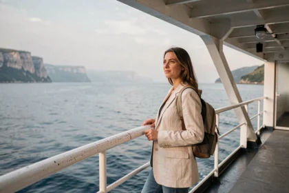 Femme voyageant en ferry en Europe, debout sur le pont d'un traversier avec des falaises côtières en arrière-plan