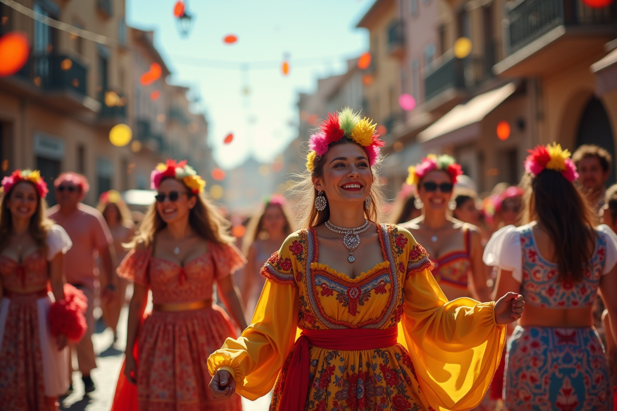 Foule en costumes colorés lors d'une feria en Espagne