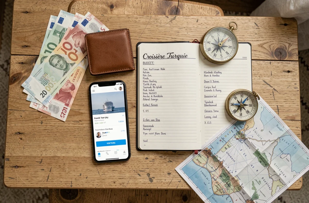 Flat-lay des documents et du budget nécessaires pour réserver une croisière en Turquie