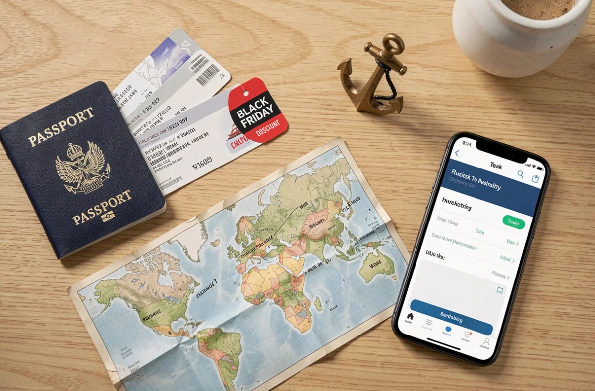 Flat lay de documents de croisière avec billet en promotion Black Friday et carte du monde