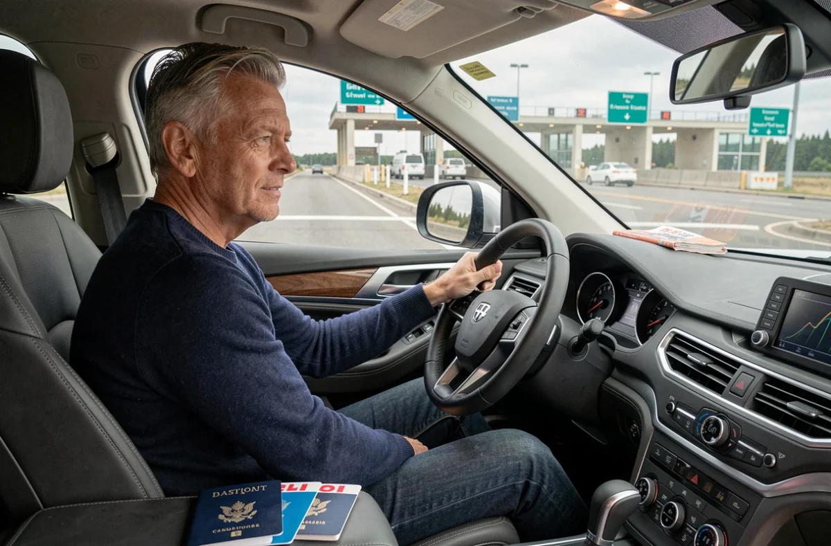 Conducteur attendant au poste frontière terrestre avec passeports canadien et américain pour le trajet Montréal New York en voiture