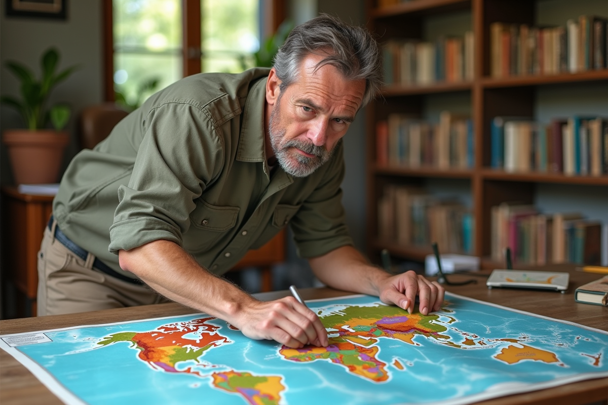 Géographe en intérieur pointant une carte du climat
