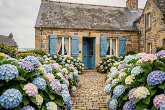 Gîte typique breton en pierre avec volets bleus et jardin d'hortensias en Bretagne