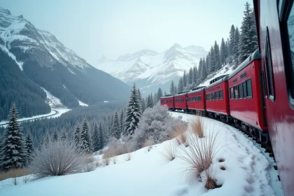 Train Glacier Express rouge traversant un paysage alpin enneigé en Suisse avec forêts de pins et sommets granitiques