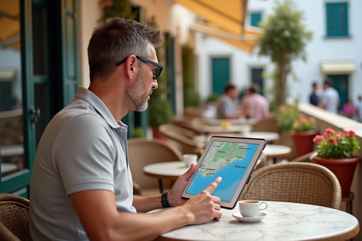 Homme consultant Google Maps sur une tablette dans un café corse, affichant la cartographie détaillée de la route entre Propriano et Ajaccio