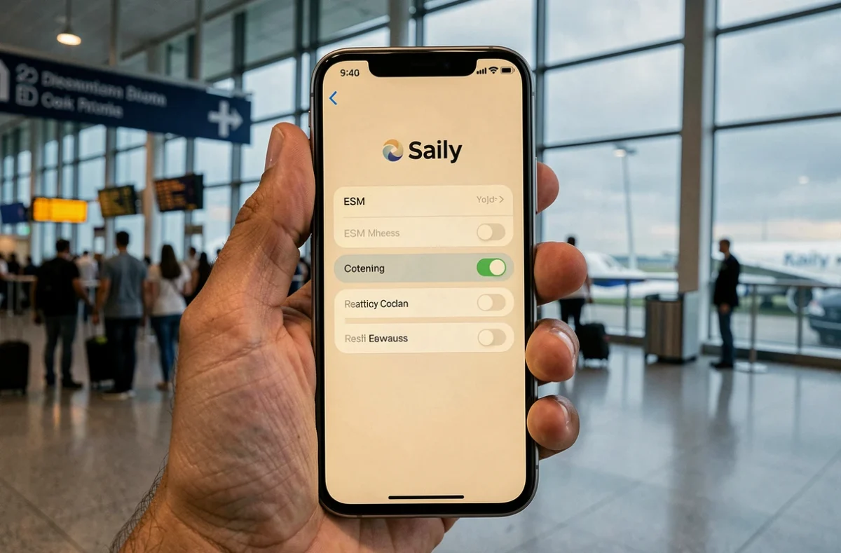 Gros plan d'un smartphone affichant les paramètres eSIM sans engagement dans un aéroport international