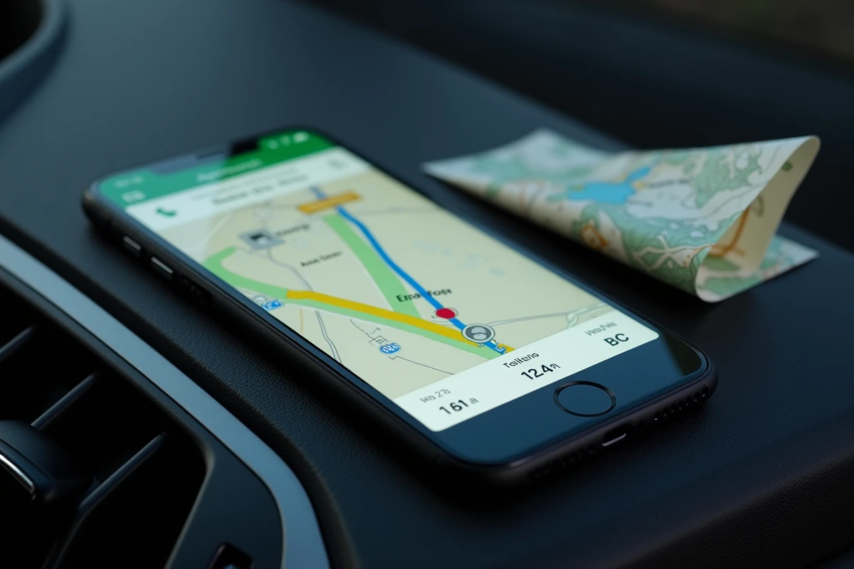 Gros plan d'un smartphone affichant une application de navigation avec les autoroutes gratuites d'Espagne surlign&eacute;es en vert sur le tableau de bord d'une voiture