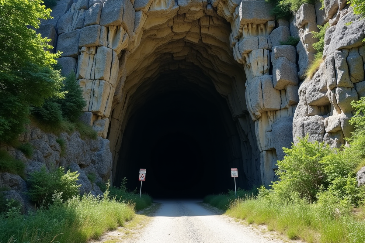 Entrée de grotte escarpée dans une falaise calcaire entourée de végétation